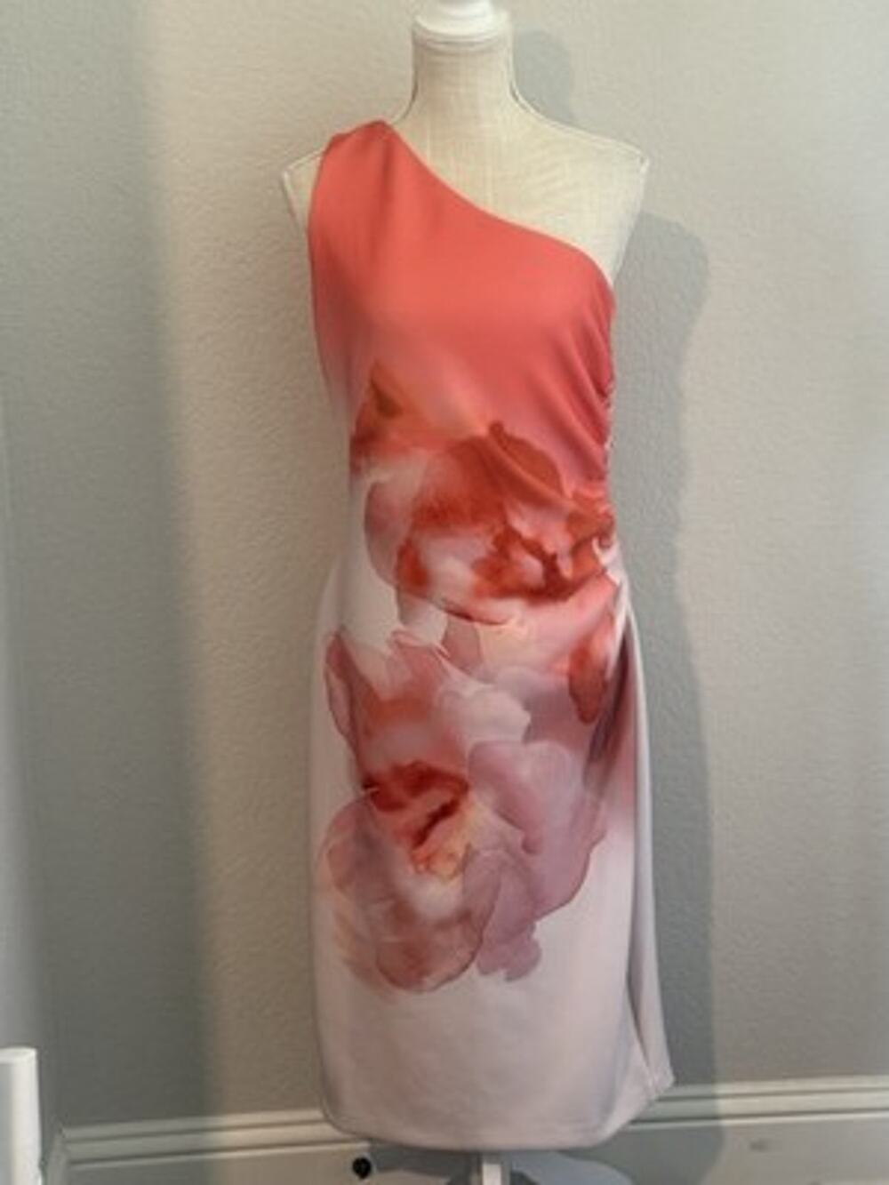 Donna Karan New York Womens One Shoulder Floral Sheath Dress Coral Size 8 NWT